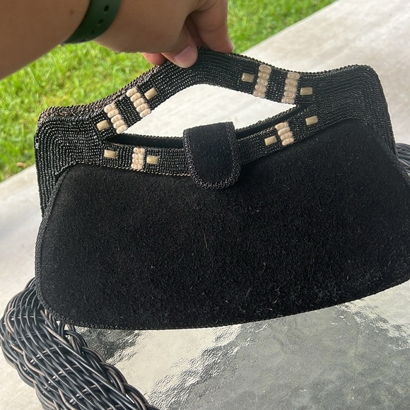 Mary Frances Vintage Beaded Handbag Black Suede Boho Leaf Design – Missing Beads - Picture 6 of 10